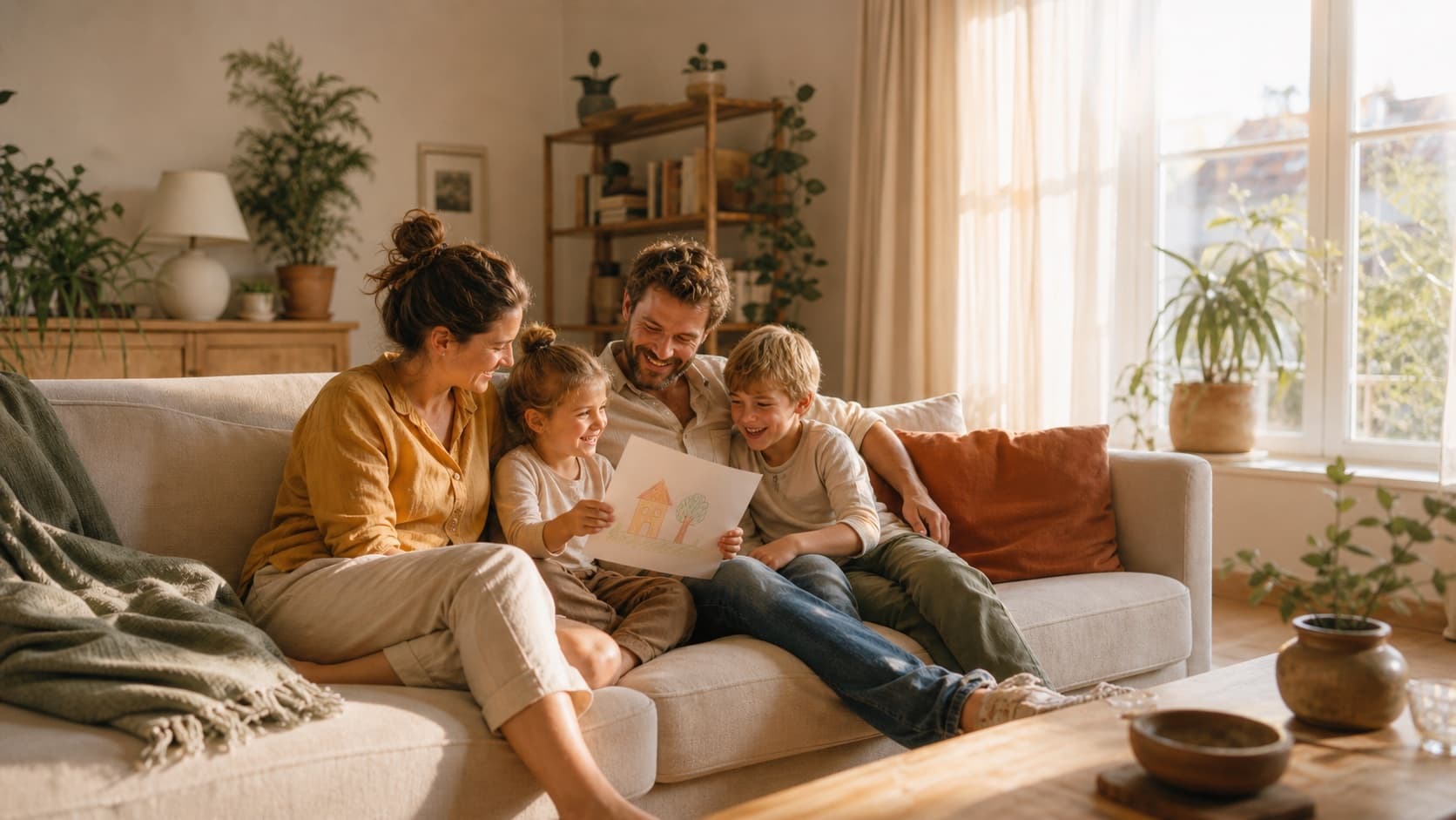 Familie auf dem Sofa beim gemeinsamen Stöbern