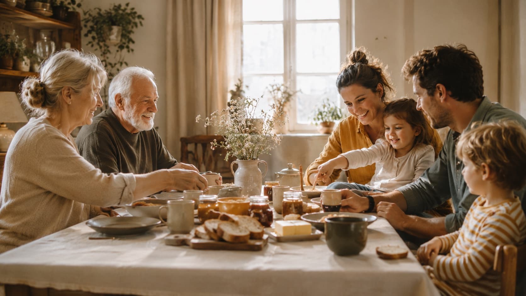 Several generations sharing the breakfast table