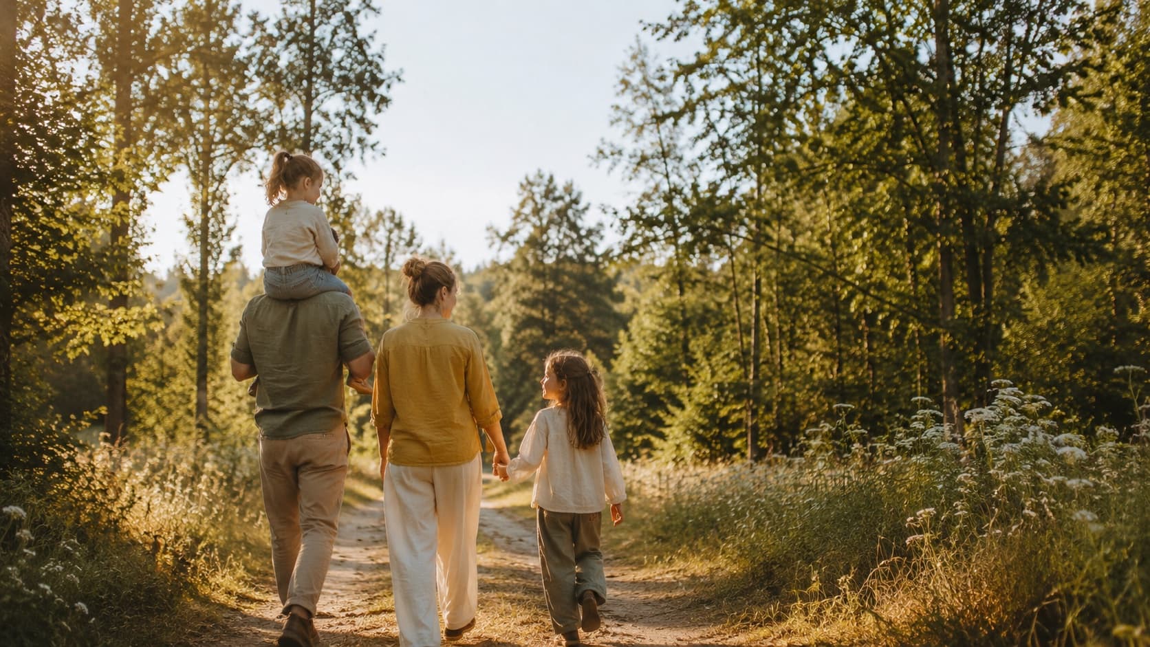 Familie auf einem sonnigen Waldweg