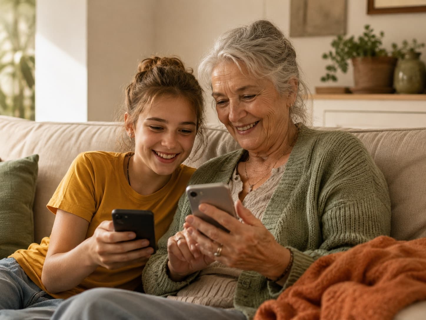 Teenager-Tochter und Großmutter schauen gemeinsam auf ihre Smartphones