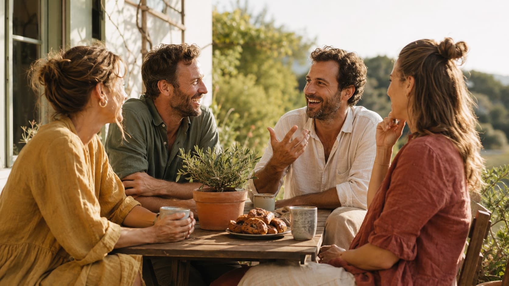 Vier Eltern unterhalten sich entspannt auf einem sonnigen Patio
