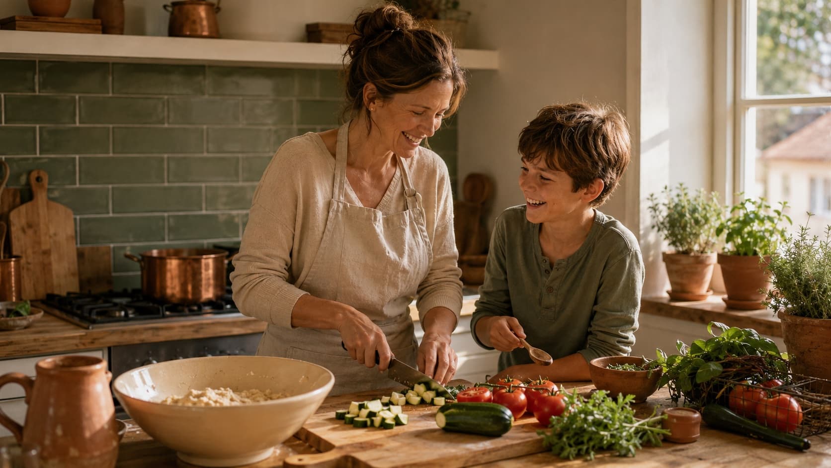 Mutter und Sohn beim gemeinsamen Schnippeln in der Küche