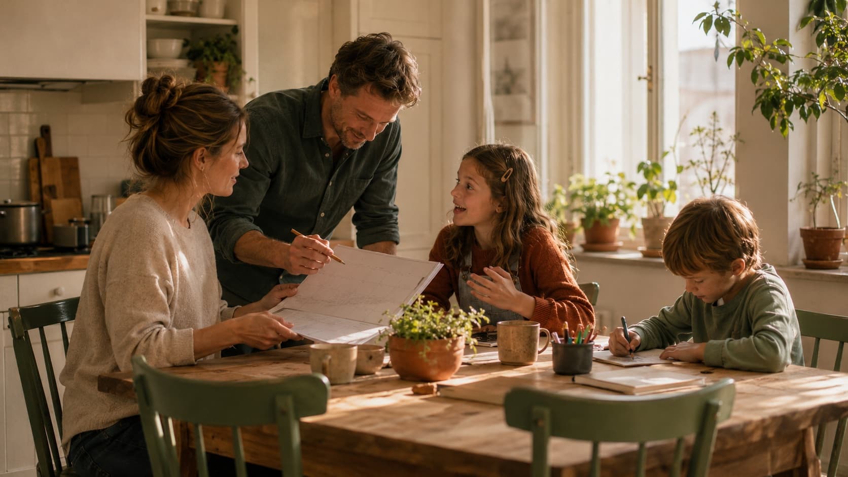 Familie plant gemeinsam die Woche am Esstisch