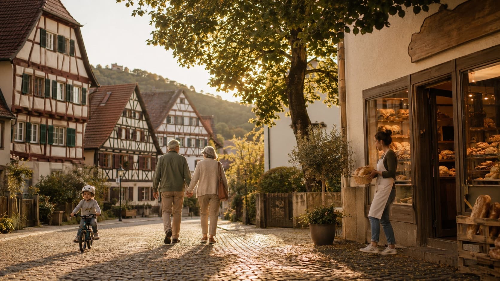 Sonniges Dorf mit Fachwerkhäusern, Bäckerei und Kind auf Fahrrad