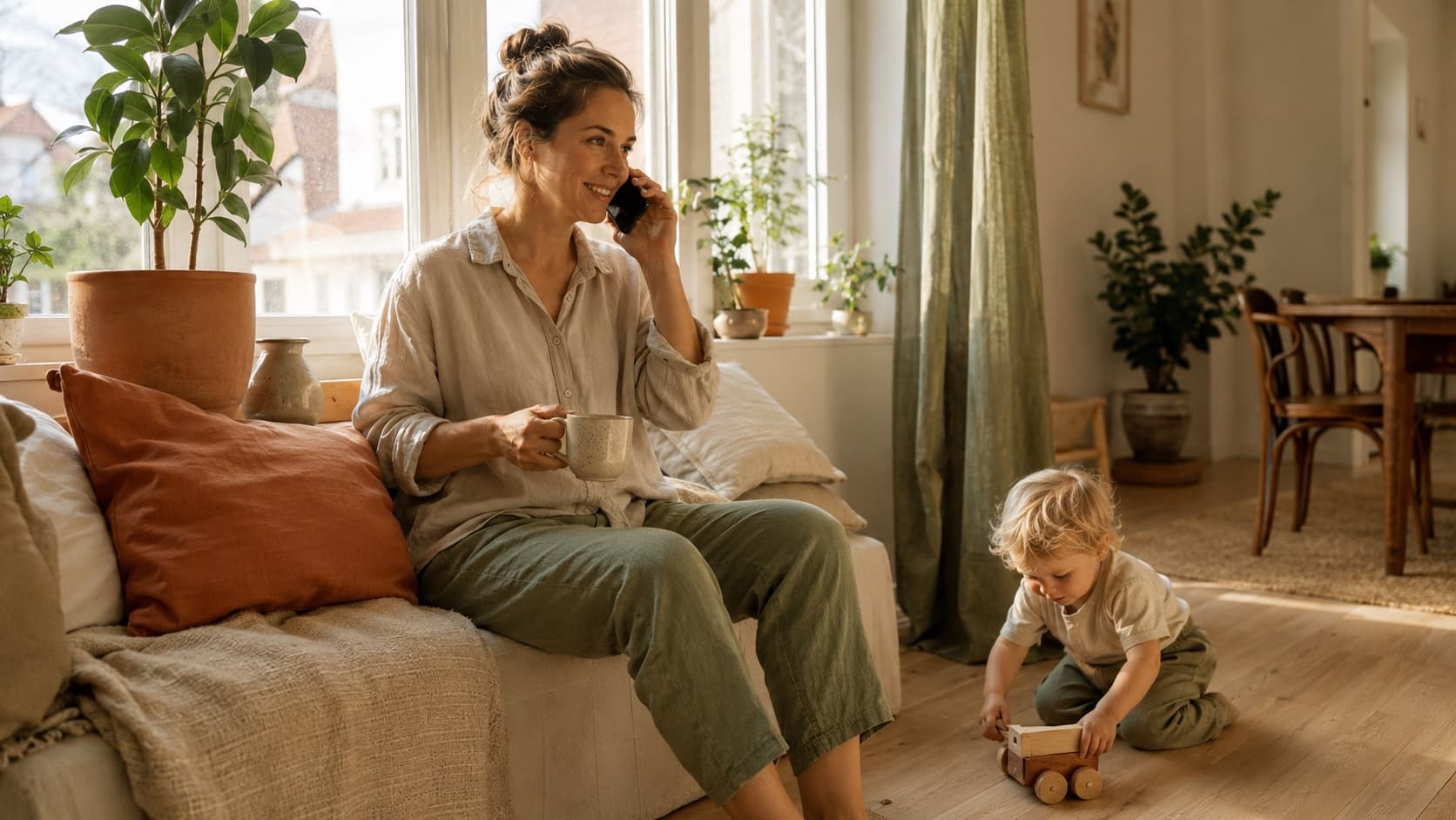 Mother on the phone with a coffee while the toddler plays