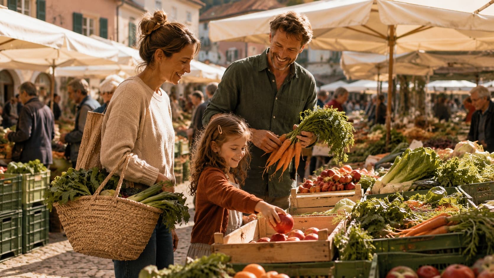 Familie auf dem Wochenmarkt mit Korb und frischem Gemüse