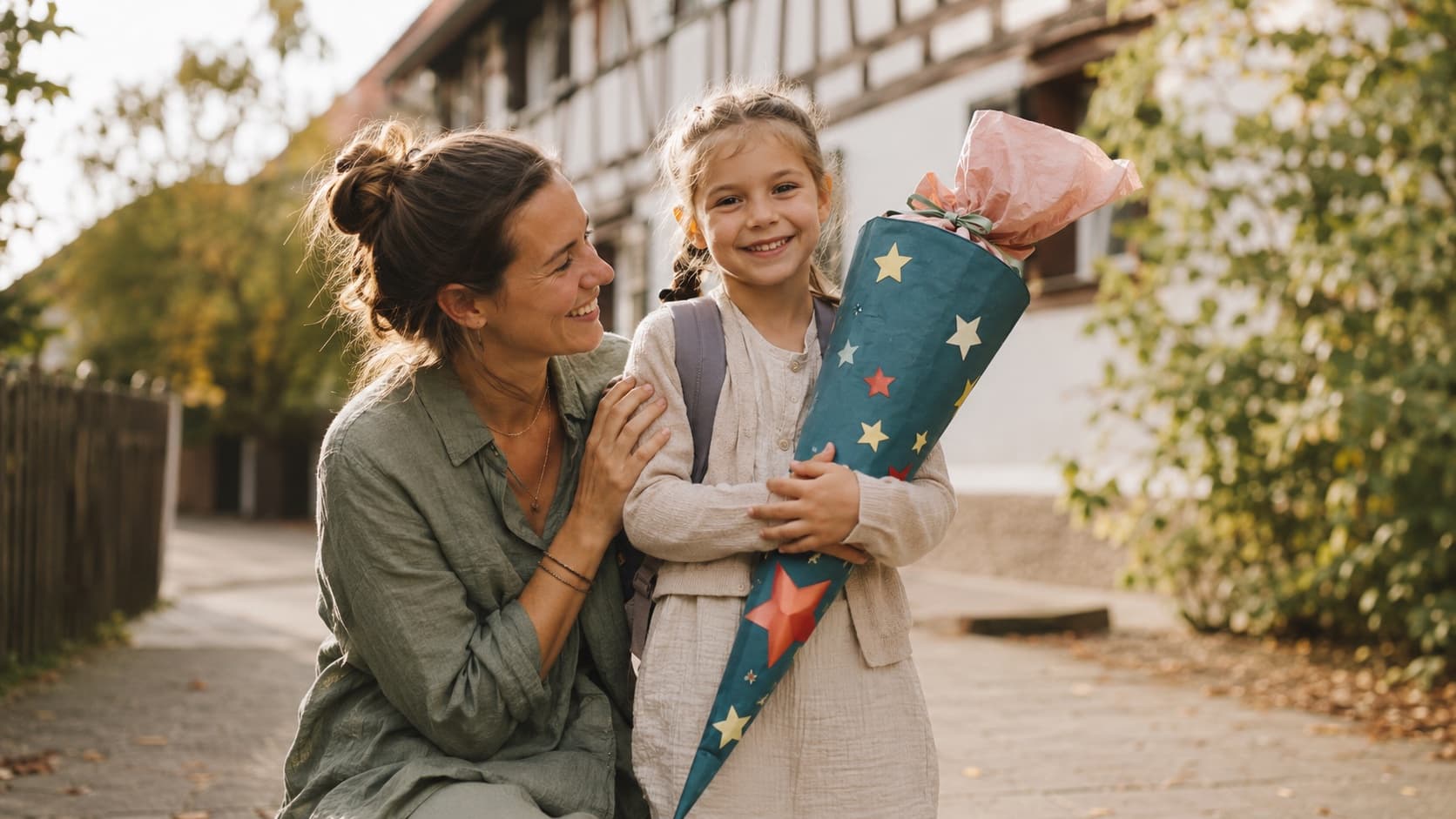 Mutter und Tochter mit Schultüte am ersten Schultag