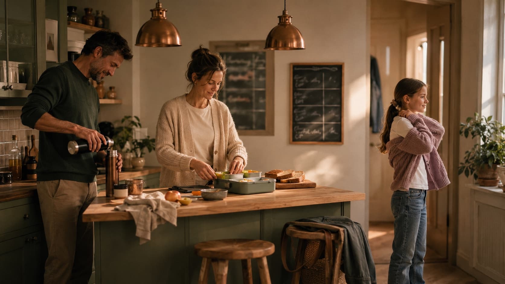 Familie in der Morgenroutine vor der Wochentafel