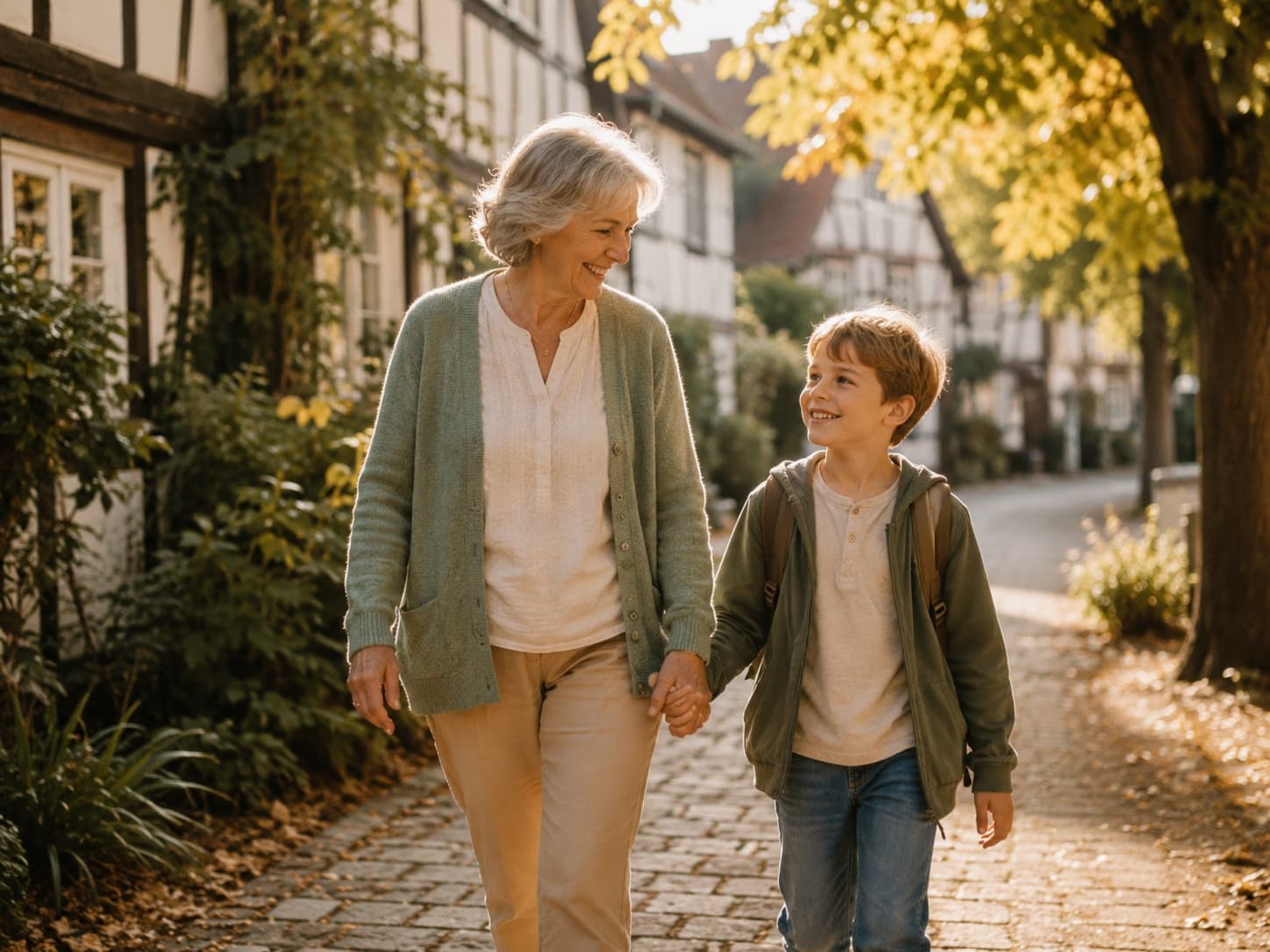 Grandmother picking up her grandson from school