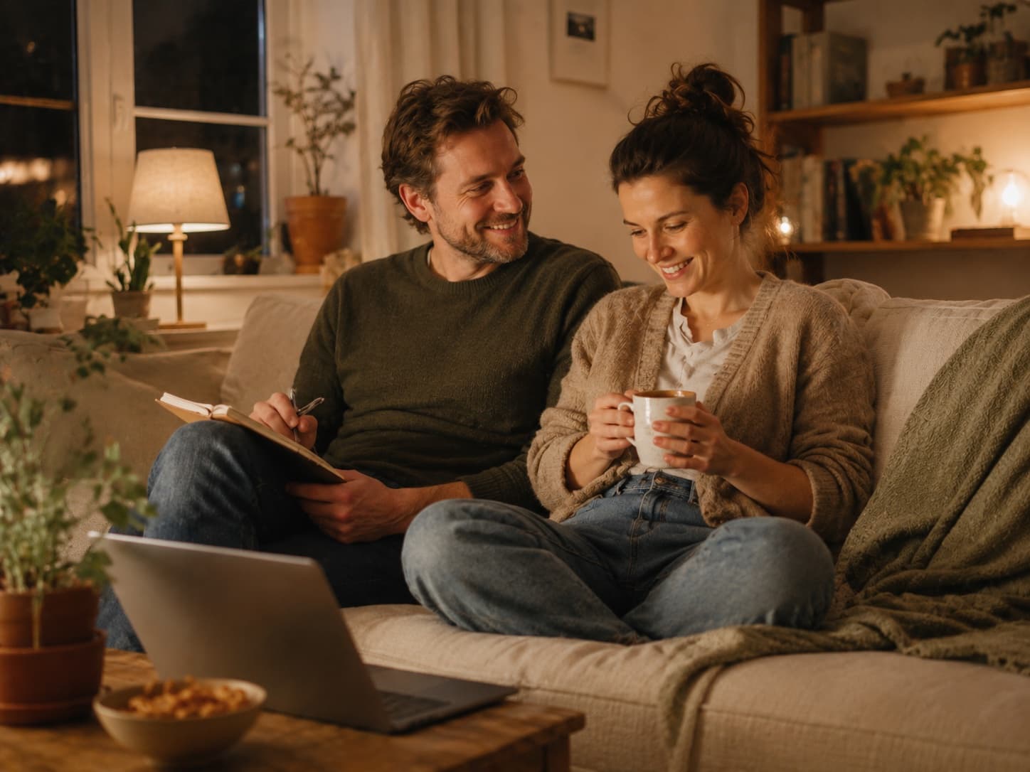 Paar bespricht entspannt das Familienbudget am Sofa